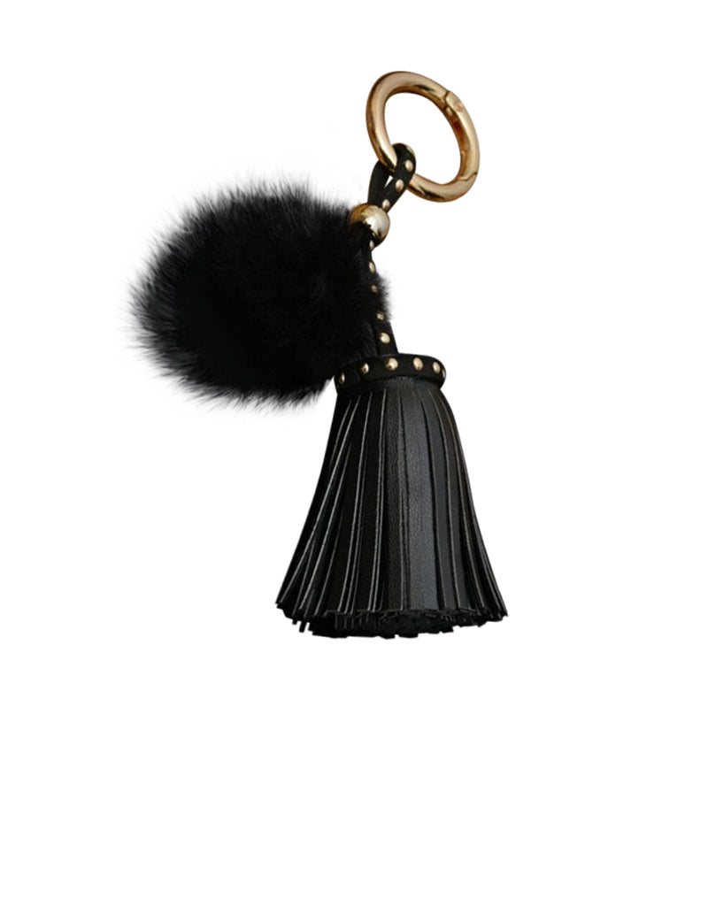 Leder Quaste mit Mini-Fellbommel  - schwarz