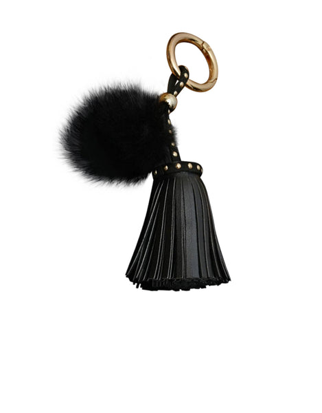 Leder Quaste mit Mini-Fellbommel  - schwarz