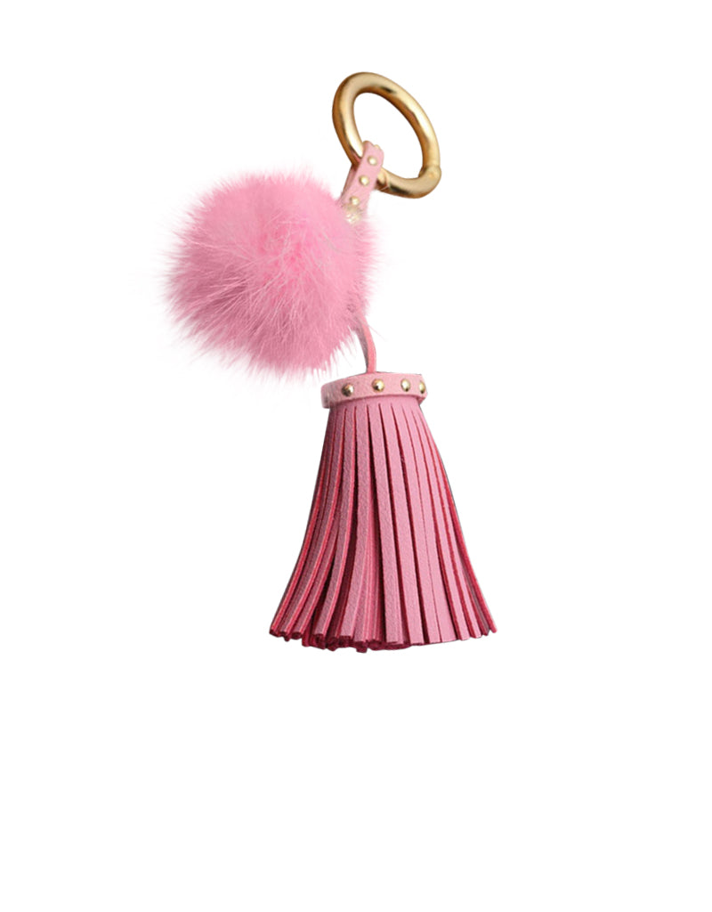 Leder Quaste mit Mini-Fellbommel  - rosa
