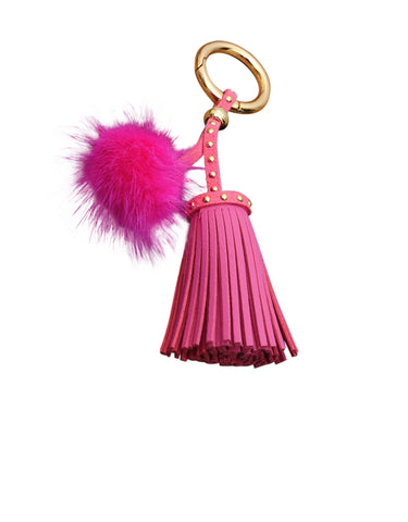 Leder Quaste mit Mini-Fellbommel  - pink